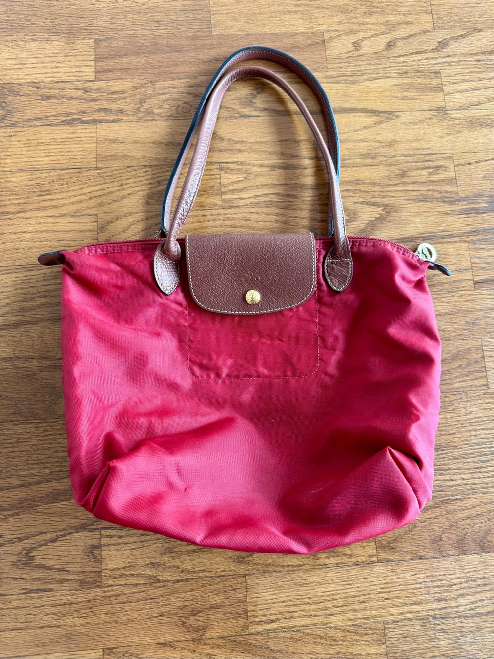 Longchamp Red Le Pliage Tote with Brown Leather Trim